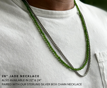 4mm BEAD NECKLACE WITH JADE on model paired with sterling silver box chain