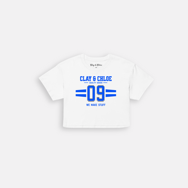 white crop top with blue font Clay and Chloe logo