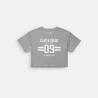 gray crop top with white font Clay and Chloe logo