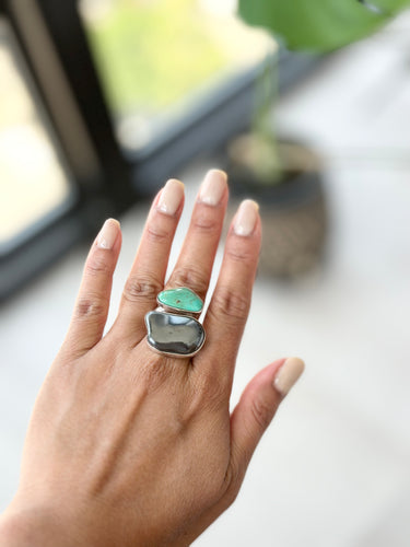 TURQUOISE and HEMATITE RING handmade sterling silver ring