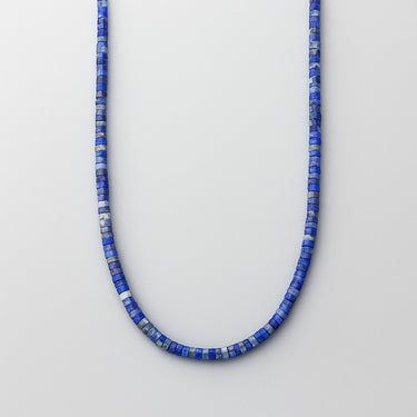 Women’s 4x2mm Lapis Lazuli heishi bead necklace displayed in a U-shape on a light gray background.