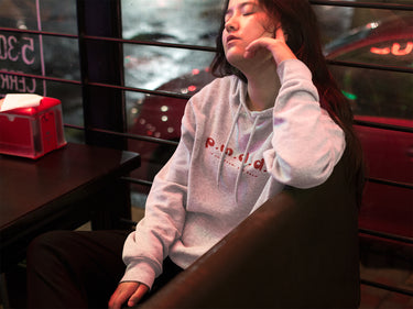 mental awareness heather gray hoody letter graphic pmdd kangaroo pocket on model