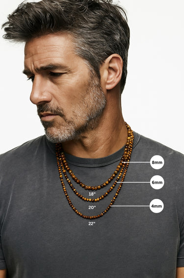 An informational graphic featuring a male model demonstrating necklace layering at 18, 22, and 24 inch lengths. The visual also compares the scale of 4mm, 6mm, and 8mm gemstone beads for size reference.
