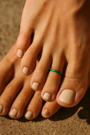 Top angle of dark green anodized aluminum toe ring — lightweight water-friendly design for everyday wear.