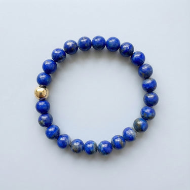 An 8mm deep blue Lapis Lazuli round bead bracelet featuring a single 14K gold-filled accent bead, displayed against a light grey background.
