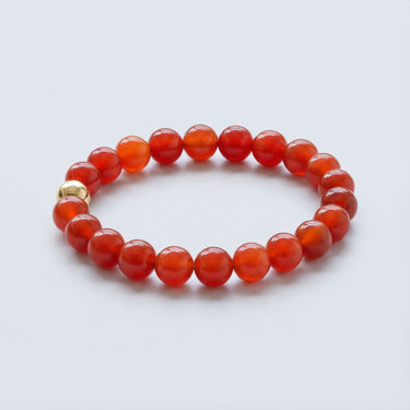 An 8mm Red Agate round bead bracelet featuring vibrant crimson stones and a single 14k gold filled accent bead, displayed against a light grey background.

