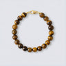 An 8mm Tiger's Eye round bead bracelet featuring shimmering golden-brown tones and a high-polish gold lobster clasp.
