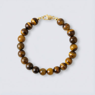 An 8mm Tiger's Eye round bead bracelet featuring shimmering golden-brown tones and a high-polish gold lobster clasp.

