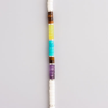 A vertical close-up showing the sequence of tiger's eye, turquoise, and jade beads separated by silver spacers.
