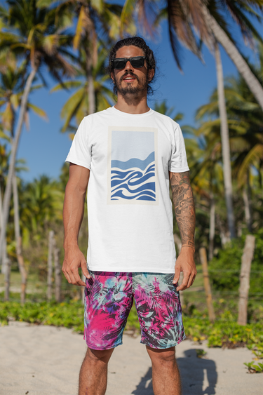 white cotton t-shirt with box logo of abstract ocean waves on model
