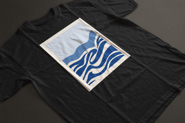 black cotton t-shirt with box logo of abstract ocean waves