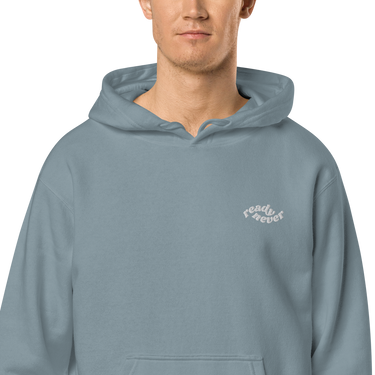 close up view slate blue READY NEVER HOODIE