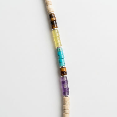 A vertical close-up showing the sequence of tiger's eye, turquoise, and jade beads separated by silver spacers.
