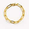 A structural women's 14K gold-filled paperclip link bracelet with a high-polish finish and a matching lobster clasp, displayed in a circular arrangement against a white background.

