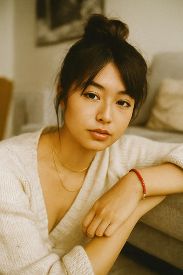 A lifestyle portrait of a model wearing a 4mm red agate heishi bracelet, showcasing its delicate profile and how the bold red stones add a sophisticated pop of color to everyday wear.
