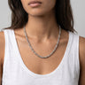 Woman wearing a 6mm round labradorite bead necklace against a neutral background