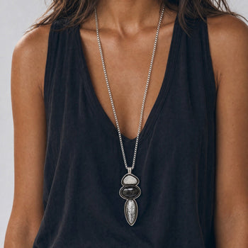 Front view of a handcrafted three-stone Fossato pendant with individually shaped sterling silver bezels and black oxidized channels surrounding the gemstones.