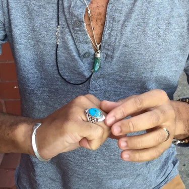 BEAD NECKLACE WITH MATTE JAPANESE MIYUKI on model with turquoise and sterling silver ring handmade for men