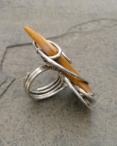 Side view of artisan jasper statement ring with bold sterling silver wrap structure
