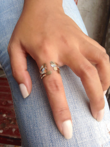 Front view of Traveler Cuff Ring Set with three 14K gold-filled rings and one sterling silver ring